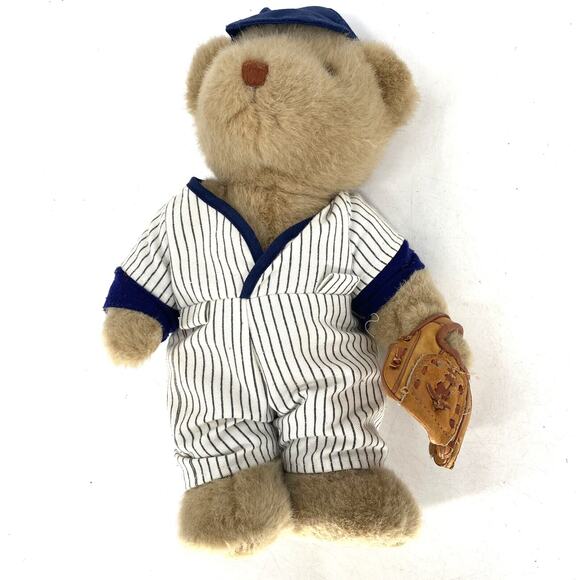 Vintage Other - Vintage Bearland Baseball Teddy Bear Plush Pinstripe Uniform Leather Glove Toy